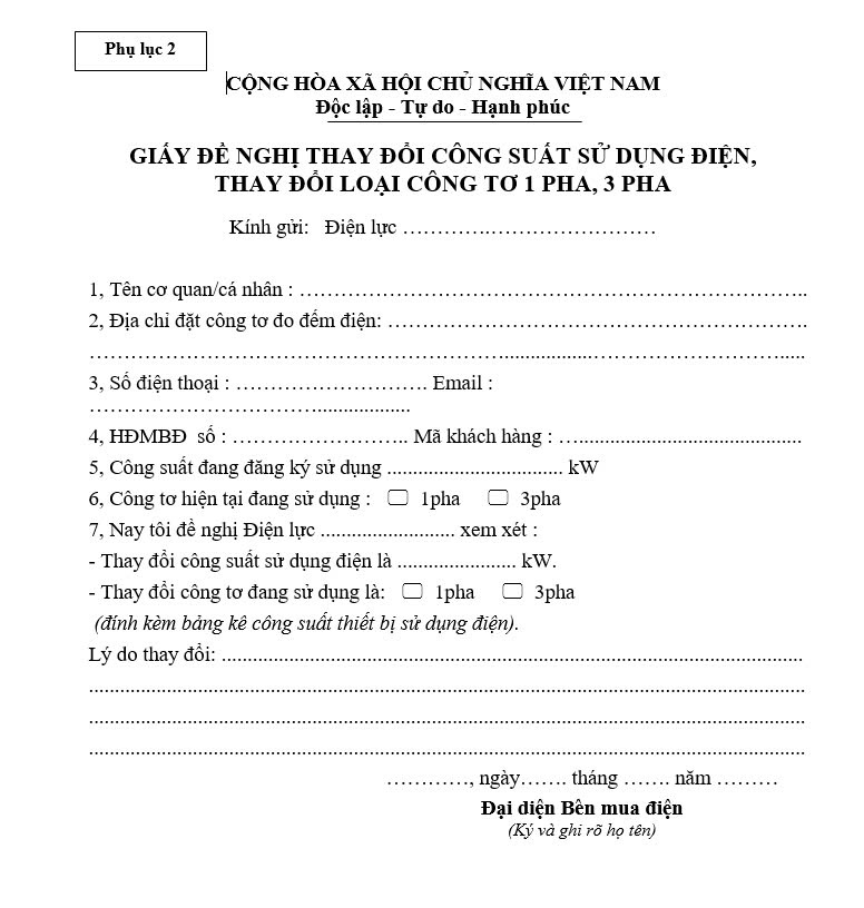 Mẫu đơn đề nghị thay đổi công suất sử dụng điện