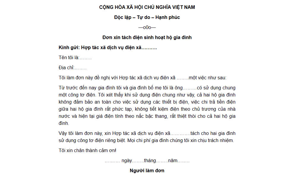 Mẫu đơn xin tách điện sinh hoạt